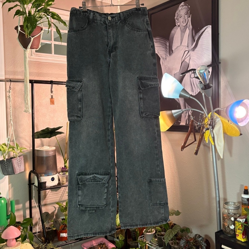 Gray Wash Cargo Pants Wide Leg Relaxed Fit Utility Style Trousers Medium